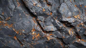 Close up view of a textured rock surface showcasing unique patterns of black and orange hues, revealing geological formations in a natural environment. photo