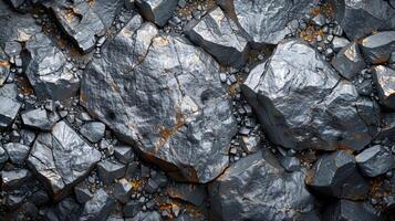 The ground is covered with various sizes of dark rocks, featuring glistening orange streaks. Sunlight enhances their texture and color, creating an intriguing natural display. photo