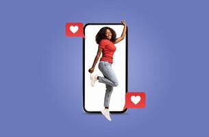 A joyful person interacts with their smartphone, receiving heart notifications. This lively collage emphasizes modern connections through messaging and dating applications. photo