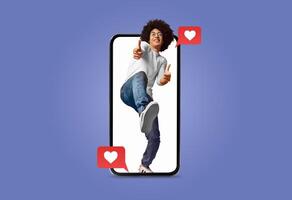A person is enthusiastically interacting with a smartphone, showcasing messages of love and connection. This reflects the excitement of modern dating applications during Valentine's Day. photo