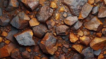 A variety of rocks and stones are scattered across the ground, showcasing diverse textures and earthy colors. The sunlight highlights their unique shapes and patterns. photo