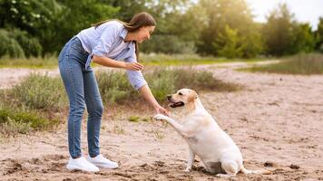 Man's Best Friend. Cute labrador giving paw to excited girl with treat outdoors, blurred background, copy space photo