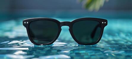 Stylish sunglasses float on the calm surface of a turquoise pool, reflecting the light of a sunny day, creating a relaxing atmosphere suitable for leisure. photo