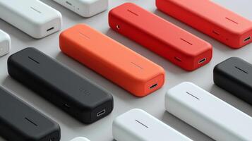 A collection of portable chargers in black, white, red, and orange arranged neatly on a light gray surface. Each charger features distinct textures and shapes, highlighting modern designs. photo