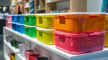 Brightly colored plastic storage containers in various hues are neatly stacked on a white shelf in a contemporary retail setting, showcasing their vibrant designs and organizational potential. photo