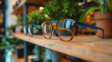 Colorful eyeglasses are elegantly arranged on a wooden shelf in a modern store, surrounded by thriving plants and engaging design elements, inviting customers to explore fashionable options. photo