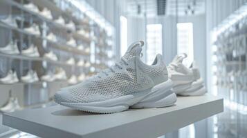 A pair of stylish white athletic shoes is centered on a display in a contemporary showroom. The background features soft lighting and neatly arranged footwear, creating a clean visual impact. photo