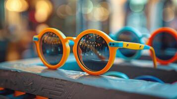 Brightly colored round sunglasses in orange and blue rest on a display rack. The warm afternoon light enhances the playful atmosphere of the bustling marketplace. photo