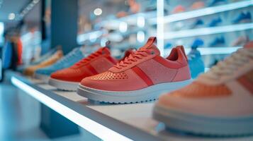 Brightly colored sneakers are showcased on a sleek display shelf in a retail environment, attracting attention with their contemporary designs and inviting shoppers to explore. photo