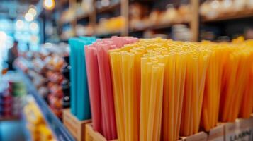A vibrant collection of reusable straws in shades of pink, blue, and yellow is neatly arranged on shelves in a contemporary store focused on sustainable products and eco friendly options. photo