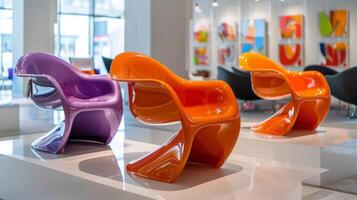 Three uniquely designed chairs in purple and orange are arranged in a modern art gallery filled with colorful paintings and sculptures, creating a lively and inviting atmosphere. photo