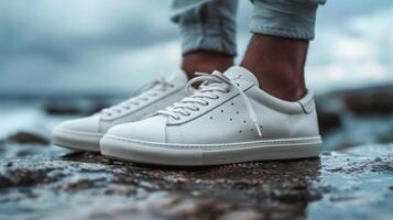 Sleek white sneakers stand on wet rocks along a shoreline, with waves gently crashing nearby under a cloudy sky, capturing a moment of casual fashion at the beach. photo