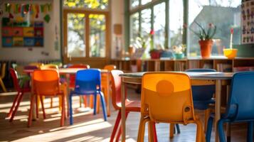 Brightly colored chairs in various hues surround a central table in a well lit classroom filled with natural light from large windows, creating a cheerful learning environment. photo