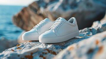 White sneakers are placed on a rocky surface by the ocean, illuminated by sunlight, highlighting their modern design and vibrant surroundings. photo