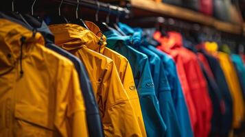 Brightly colored outdoor jackets are neatly arranged on hangers in a retail store, showcasing a variety of hues perfect for adventurous activities in a cool environment. photo