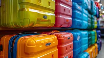 A vibrant array of hard shell suitcases in multiple colors is arranged neatly on a store shelf. Travelers can choose from different sizes and styles that catch the eye. photo