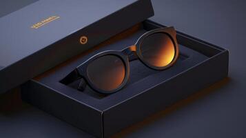 Stylish sunglasses are resting in a dark, elegantly designed box. The lenses are tinted, reflecting a hint of light, emphasizing contemporary fashion and quality craftsmanship. photo