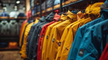 A row of brightly colored jackets hangs on display in a store, designed for outdoor activities, attracting attention from shoppers seeking stylish and functional apparel. photo