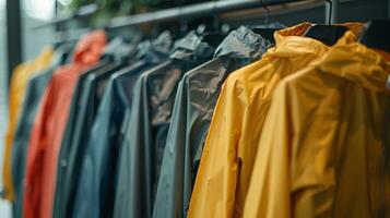 A row of vibrant raincoats hangs neatly on display in a retail store. The warm afternoon light streams in, highlighting the bright colors and sleek designs of each coat. photo