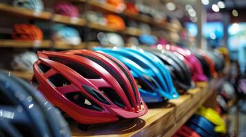 A row of vibrant bicycle helmets is neatly arranged on wooden shelves in a retail store, attracting cyclists and safety conscious shoppers. The colors vary, highlighting different designs. photo