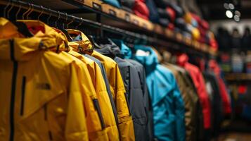 A variety of colorful jackets is neatly arranged on hangers in a retail store dedicated to outdoor gear. The vibrant colors highlight different styles suitable for different weather conditions. photo
