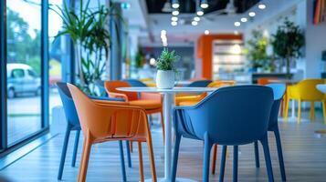 Vibrant orange and blue chairs are arranged around a white table in a contemporary cafe featuring large windows and plants, creating a cheerful atmosphere for patrons. photo