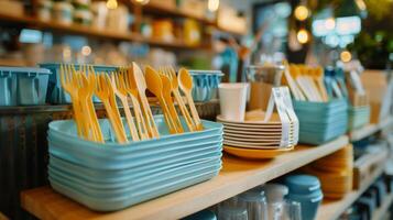 Brightly colored utensils and tableware are neatly arranged on a wooden shelf in a contemporary kitchen, bathed in natural light from windows revealing a tidy space. photo