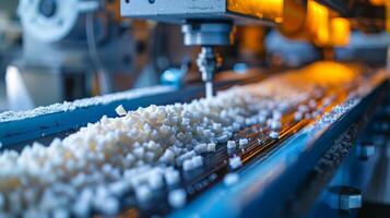 Machinery efficiently cuts and sorts small pieces of material on a conveyor belt in a factory, highlighting modern manufacturing techniques and processes during daylight hours. photo