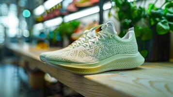 Athletic shoes with a modern design are prominently placed on a wooden shelf in a well lit retail space adorned with various indoor plants, creating a fresh atmosphere. photo
