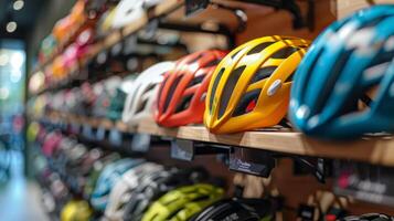 A vibrant display of bicycle helmets arranged on shelves in a shop, highlighting a range of colors and designs suitable for cyclists seeking safety and style. photo