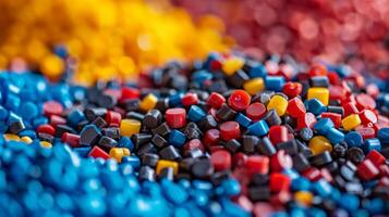 Brightly colored plastic pellets are scattered across a surface, featuring shades of blue, red, yellow, and black. photo