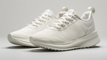 Sleek white sneakers feature a lightweight design with breathable mesh fabric and a cushioned sole, ideal for both athletic activities and everyday wear in contemporary settings. photo