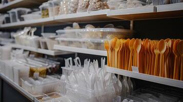 A wide array of disposable utensils and food containers fill shelves in a storage space. The vibrant orange spoons stand out among the clear containers and various packaging options. photo
