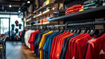 Rows of vibrant sports shirts hang neatly in a well lit retail store. The design is sleek, and customers browse through a variety of options available for purchase. photo