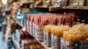 Brightly colored pasta shapes and varieties are neatly arranged in containers on wooden shelves inside a small grocery store. The ambient light enhances the inviting atmosphere. photo