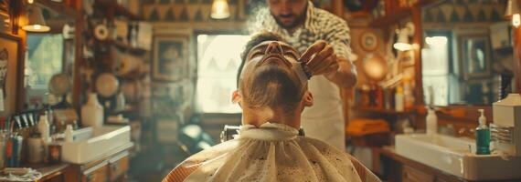 A barber carefully trims the beard of a client seated in a stylish chair, surrounded by an eclectic assortment of decorations in a bright, inviting barbershop atmosphere. photo