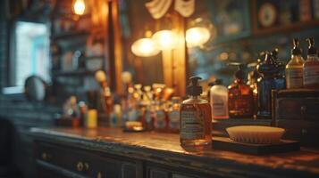 The cozy barbershop displays a variety of grooming products on a wooden counter, illuminated by warm lighting, creating a nostalgic atmosphere filled with vintage charm. photo