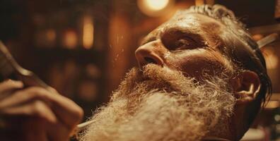 A skilled barber carefully shaves the face of an older man with a long beard in a warm, inviting barbershop. The soft glow of lights adds a nostalgic ambiance to the atmosphere. photo