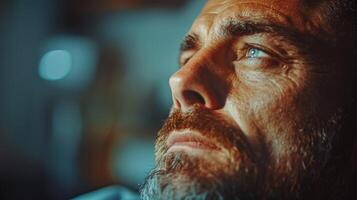 A man is deep in thought, his blue eyes revealing a range of emotions. He has a well groomed beard and is illuminated by soft light, conveying a moment of introspection. photo