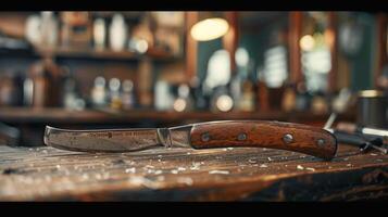 A wooden handled knife is placed on a rustic workbench, surrounded by various tools. Soft light highlights the craftsmanship, creating an inviting atmosphere in the workshop. photo