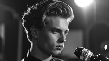 A young male model gazes intensely at a microphone, capturing a pensive moment in a black and white studio setting, exemplifying artistic expression through photography. photo