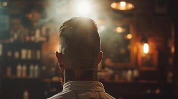 A barber stands at the center of a chic barbershop, wearing a white shirt. The space is filled with warm light reflecting on polished surfaces, enhancing the atmospheric experience. photo