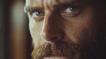 A man gazes intensely, his piercing blue eyes and well groomed beard conveying strong emotions. The background hints at a warm, inviting atmosphere. photo