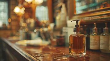 A well designed bar counter displays an amber liquid in a glass dispenser, surrounded by various bottles and decorative lighting, creating a cozy ambiance in the restaurant. photo