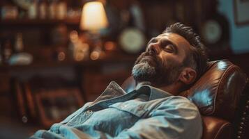 A man with a beard sits back in a leather chair, eyes closed and face relaxed, enjoying a peaceful moment in a softly lit room filled with vintage decor and warm ambiance. photo