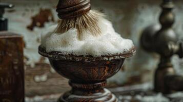A shaving brush swirls in a dark wooden bowl filled with rich white lather, evoking a classic barbershop atmosphere with rustic decor and warm lighting. photo