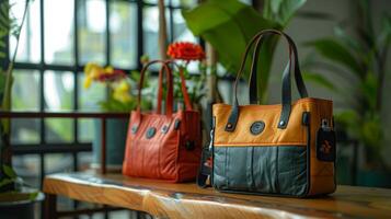 Two elegantly designed handbags are placed on a wooden table surrounded by lush green plants and bright flowers in a sunny indoor space, enhancing the atmosphere of the setting. photo