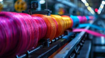 Vibrant spools of colorful thread are moving along a manufacturing line in a factory setting, showcasing the intricate process of textile production during daytime hours. photo