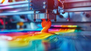A 3D printer is actively producing a vibrant, multicolored filament. The printer's nozzle is precisely shaping the material, demonstrating modern manufacturing capabilities in a well lit atmosphere. photo