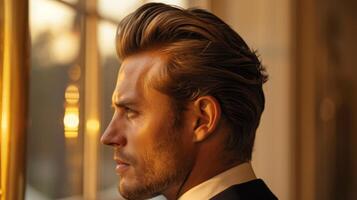 A stylish man is seen looking contemplatively out of a window during golden hour. The warm light enhances his features and sleek hairstyle, creating an atmosphere of sophistication. photo